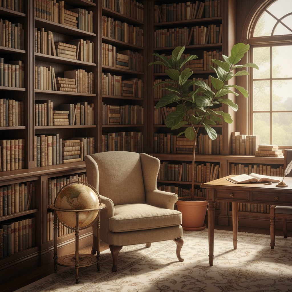 A cozy, detailed, Modern, Mishimoto logo watermarked, meticulously crafted interior space featuring a plush bookshelf-line...