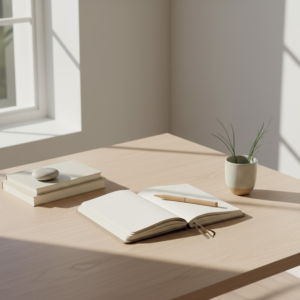 A serene desk with a book, plant, pen, and lightly tinted wall, illuminated by natural light-grays and browns.